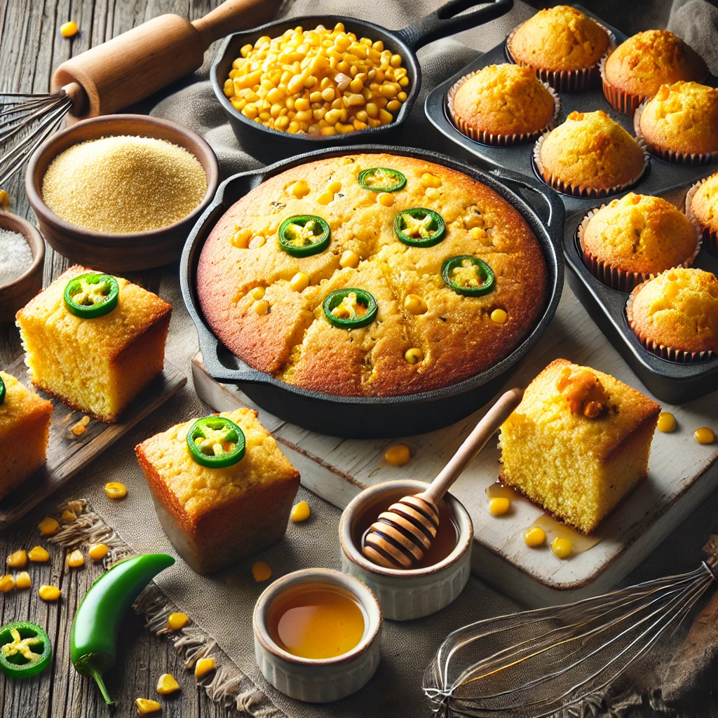 A spread of popular cornbread recipes without eggs, featuring Southern-style cornbread, sweet honey cornbread, savory jalapeño cheddar cornbread, and mini cornbread muffins, displayed on a rustic wooden table.