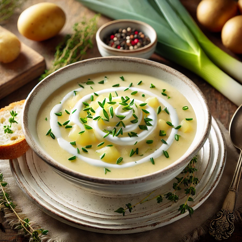 A beautifully presented bowl of Potage Parmentier, garnished with cream and chives, served on a rustic wooden table with fresh leeks, potatoes, and bread nearby.