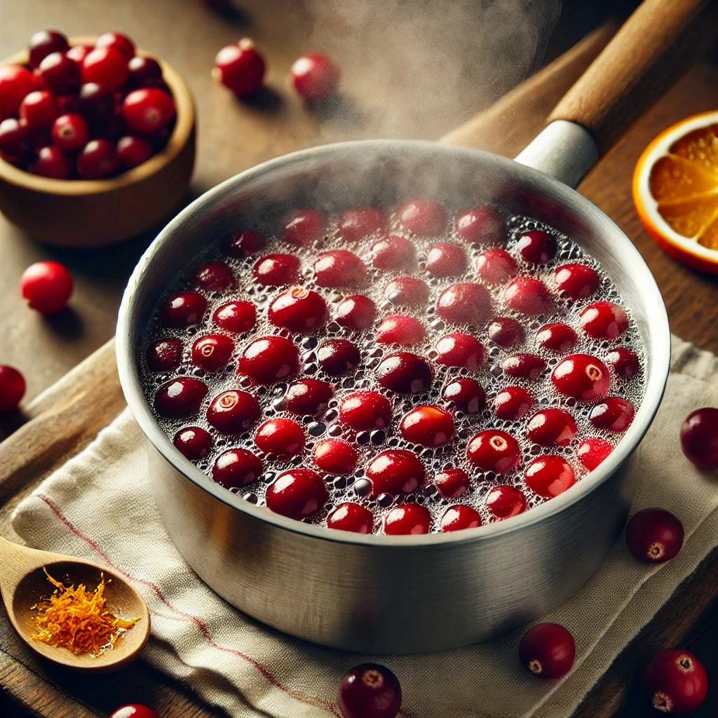  Fresh cranberries simmering in a saucepan with sugar and water on a stovetop.