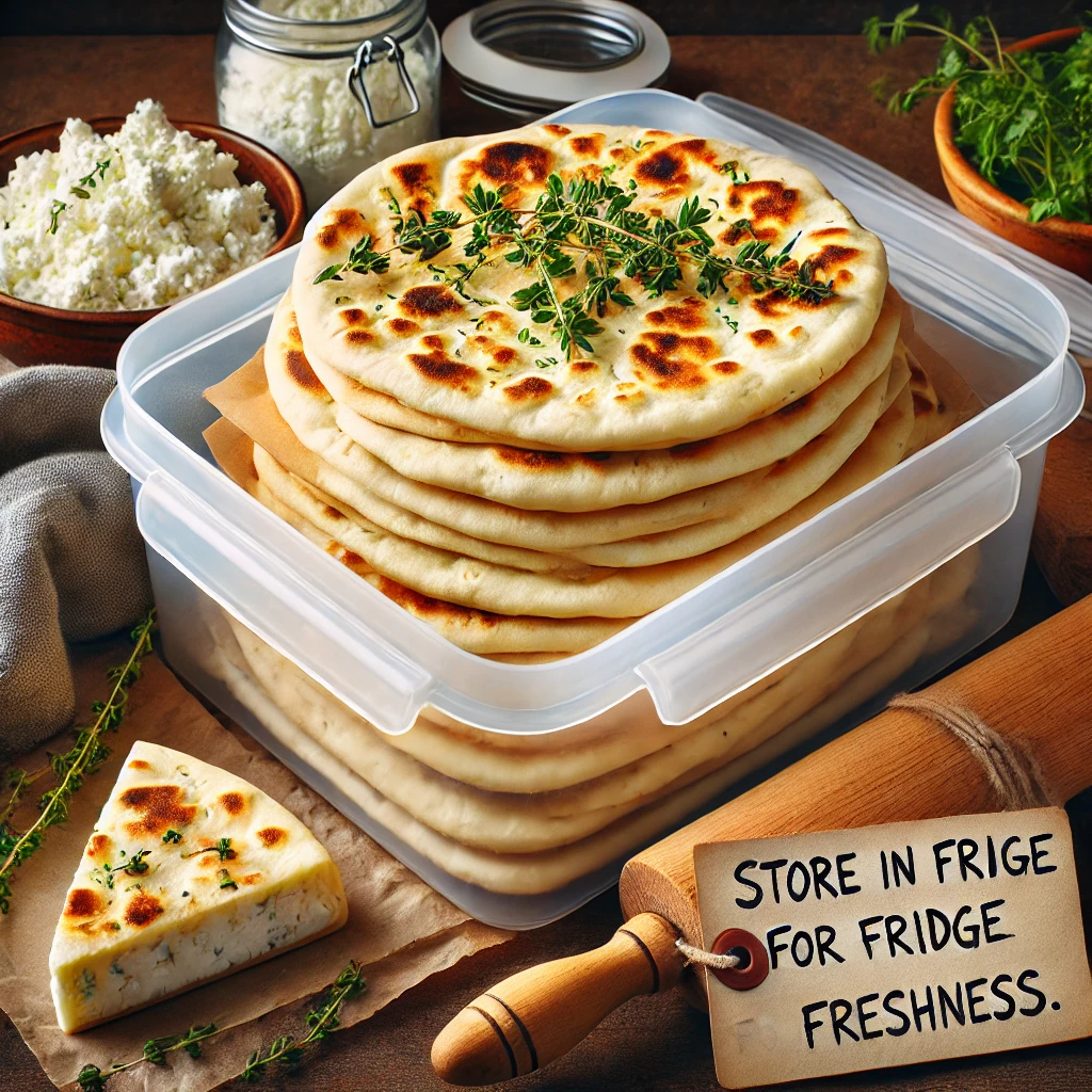 stack of golden brown cottage cheese flatbreads stored in an airtight container