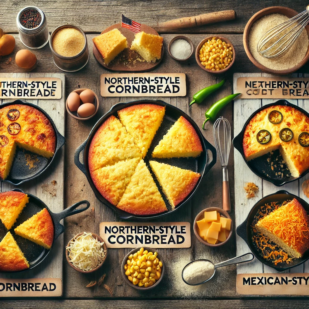 A display of regional cornbread variations: Southern-style in a cast-iron skillet, Northern-style sweet cornbread on a plate, Mexican-style cornbread with jalapeños and cheese, and skillet cornbread with a crispy crust, all on a rustic wooden table.