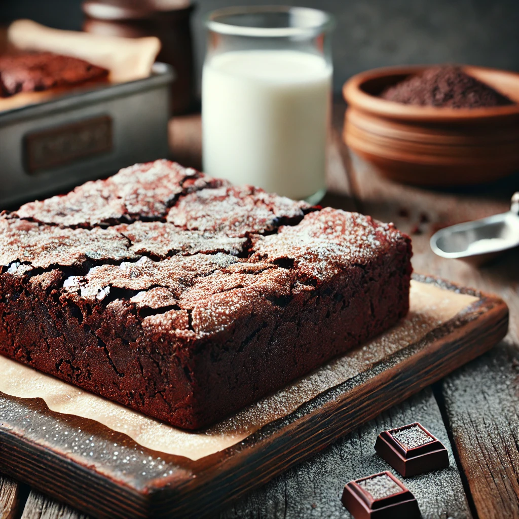 Close-up of sourdough brownies with a crackly top, dusted with powdered sugar on a rustic table.