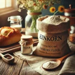 A rustic kitchen scene featuring a bag of einkorn flour, a wooden spoon, and freshly baked bread on a wooden table.