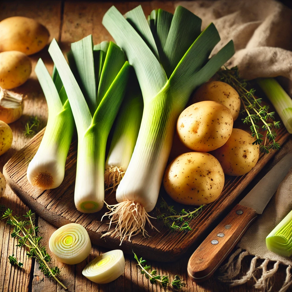 Fresh leeks and potatoes arranged on a rustic wooden table with a cutting board and knife, ready for cooking.