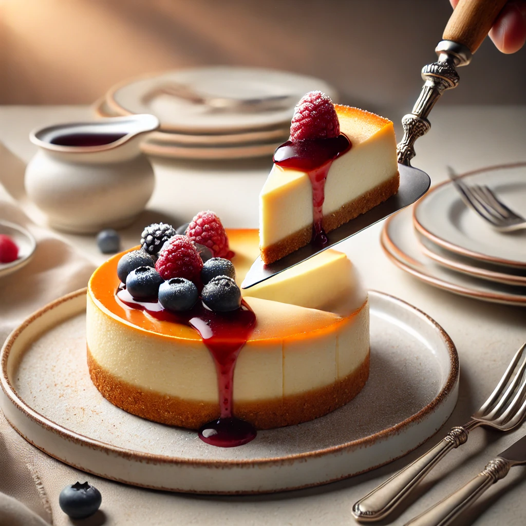 A creamy cheesecake slice being served with a dessert server, topped with fresh berries and berry sauce, set against an elegant table setting.