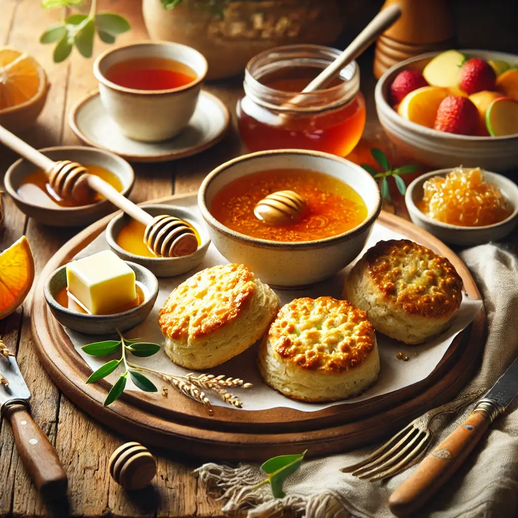 A rustic table featuring a plate of golden Einkorn biscuits with bowls of honey, butter, and jam. Accompanied by a bowl of soup, fresh fruit salad, and a cup of tea.