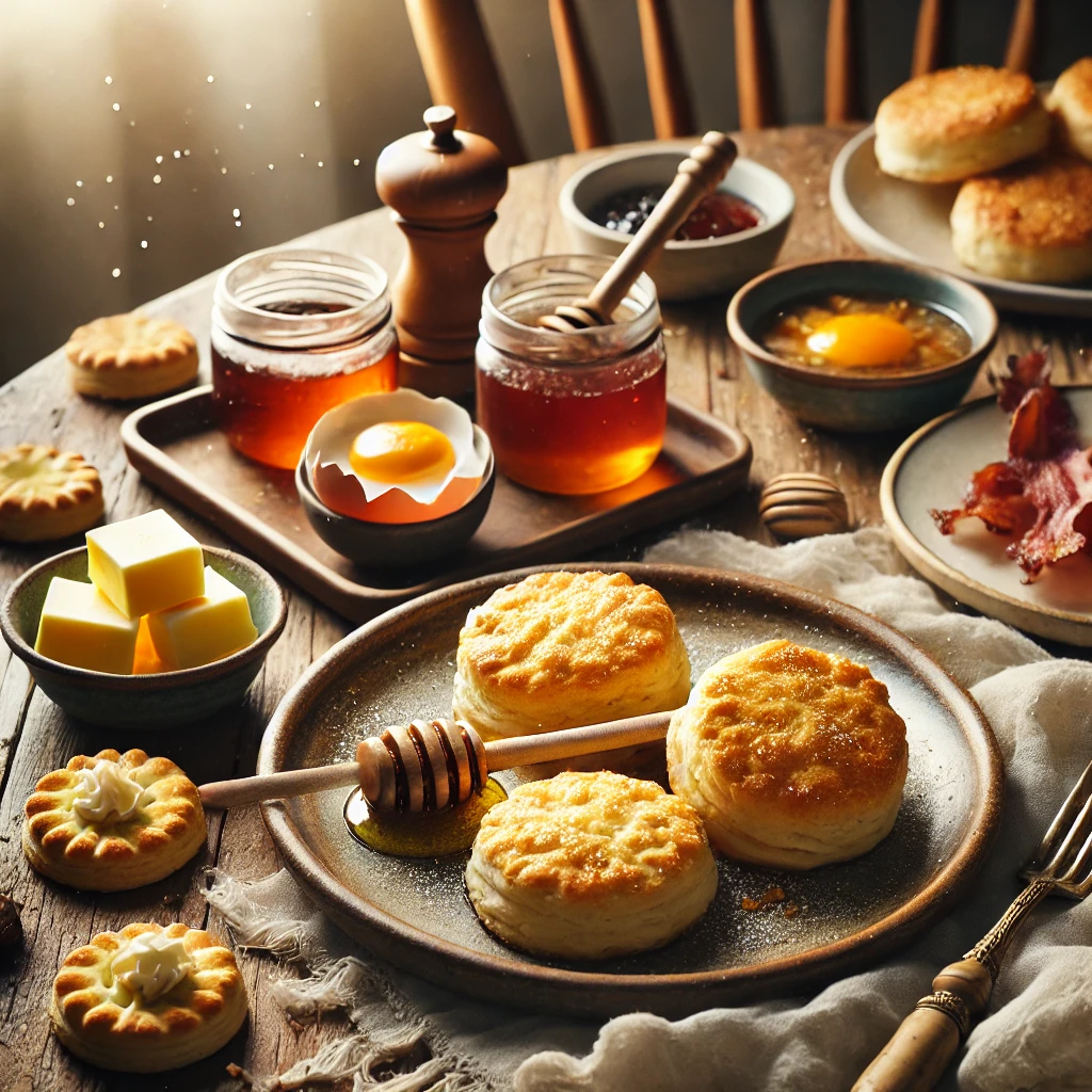 Golden flaky biscuits on a rustic plate served with honey, butter, jam, scrambled eggs, bacon, and soup, showcasing versatile pairing options.