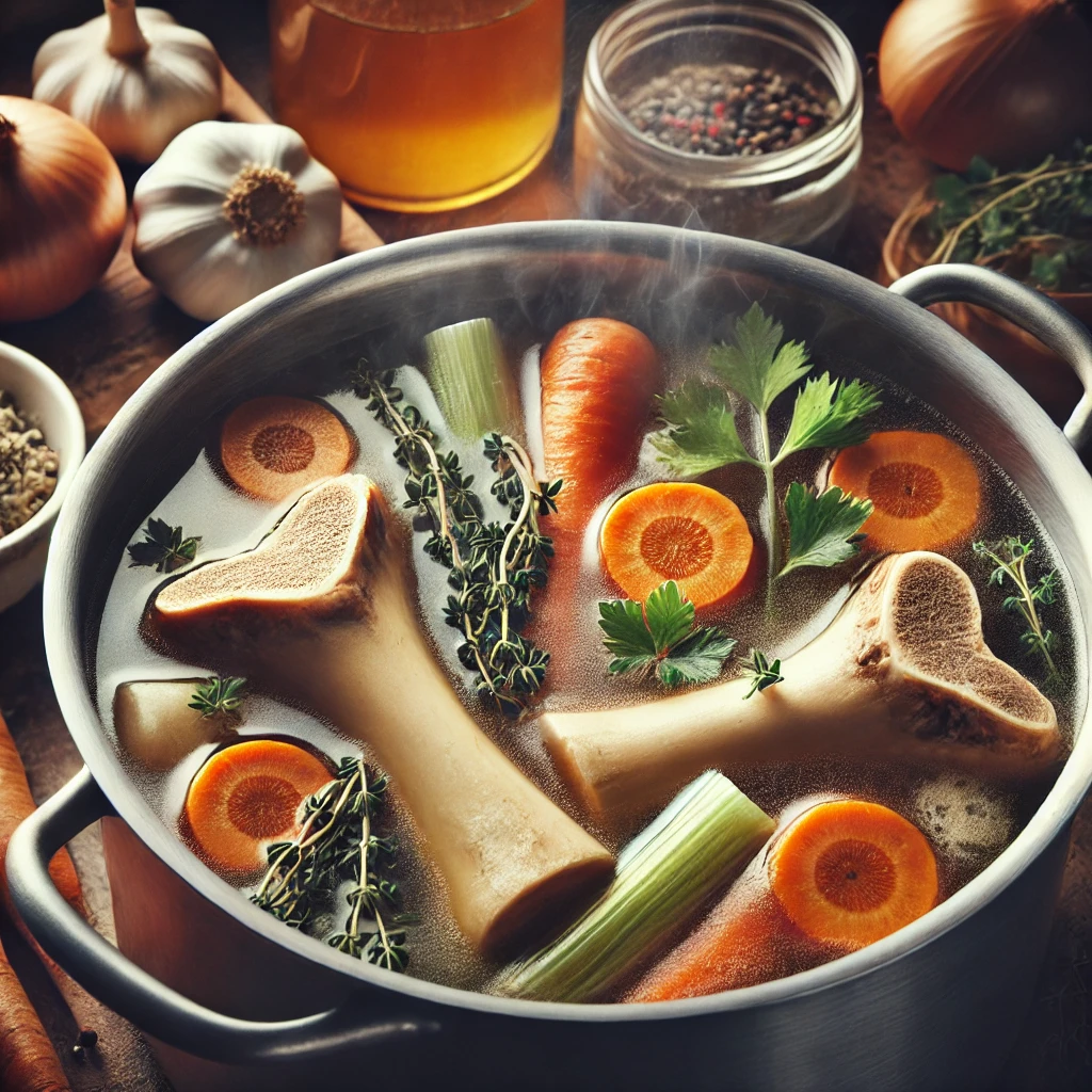 A close-up view of a simmering pot of beef bone broth with visible marrow bones, carrots, celery, and herbs like thyme and parsley. The background shows a cozy kitchen setup with ingredients such as garlic cloves, onions, and apple cider vinegar.