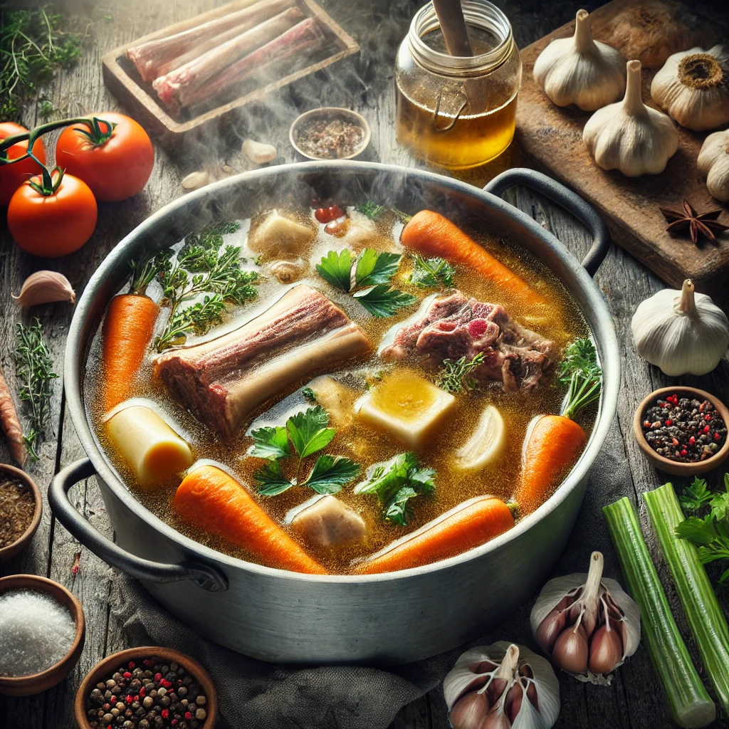 A pot of homemade beef bone broth simmering on a stove, with visible marrow bones, carrots, celery, garlic, and herbs like parsley and thyme. Surrounded by fresh ingredients on a rustic wooden counter.