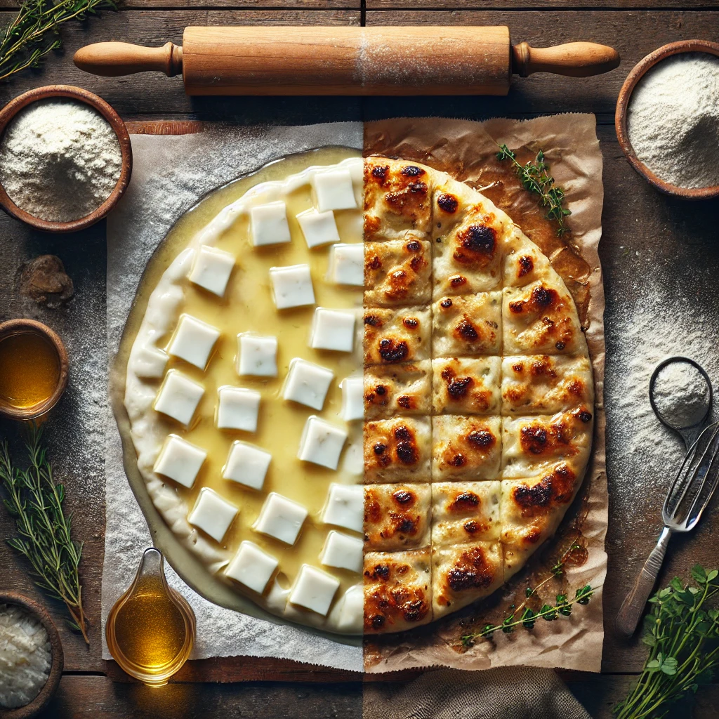 A side-by-side comparison of a soggy, glossy cottage cheese flatbread