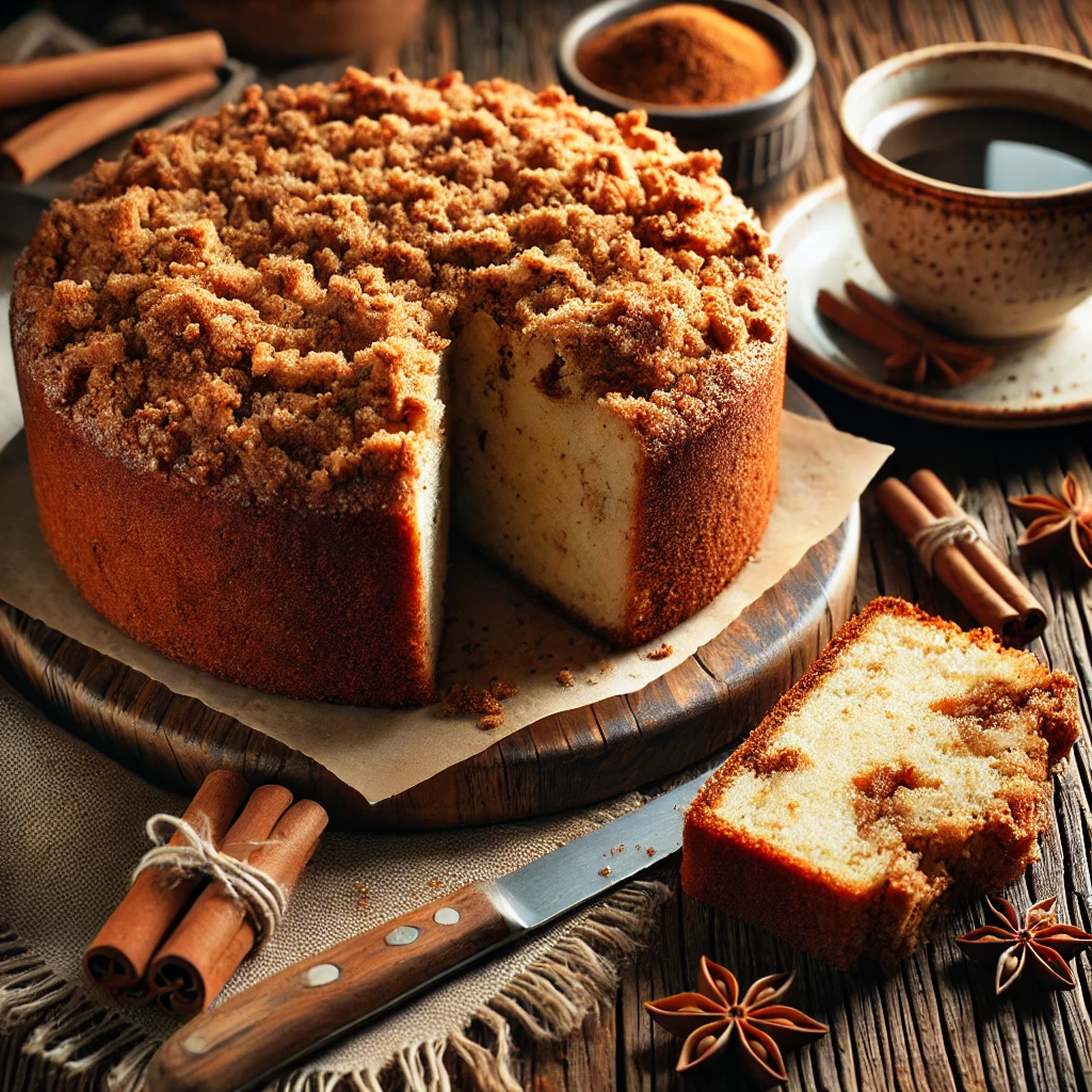 A freshly baked sourdough coffee cake with a golden brown crumb topping, surrounded by a cup of coffee, a sliced piece on a plate, and cinnamon sticks, set on a rustic wooden table.