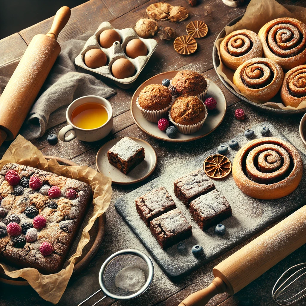 A variety of sourdough desserts including brownies, cinnamon rolls, and cookies on a rustic wooden table.