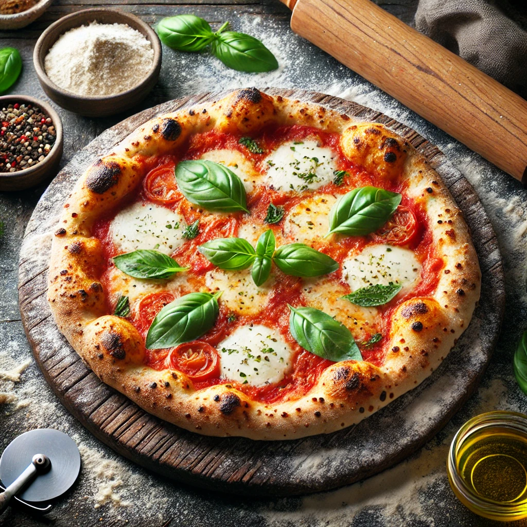 A freshly baked sourdough pizza with golden crust, melted mozzarella, tomato sauce, and fresh basil leaves on a wooden pizza board with a rustic kitchen background.