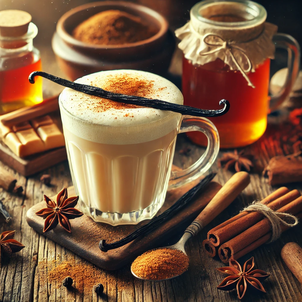 A creamy spiced vanilla latte with a frothy top, dusted with cinnamon and nutmeg, surrounded by vanilla beans, cinnamon sticks, star anise, and cloves.