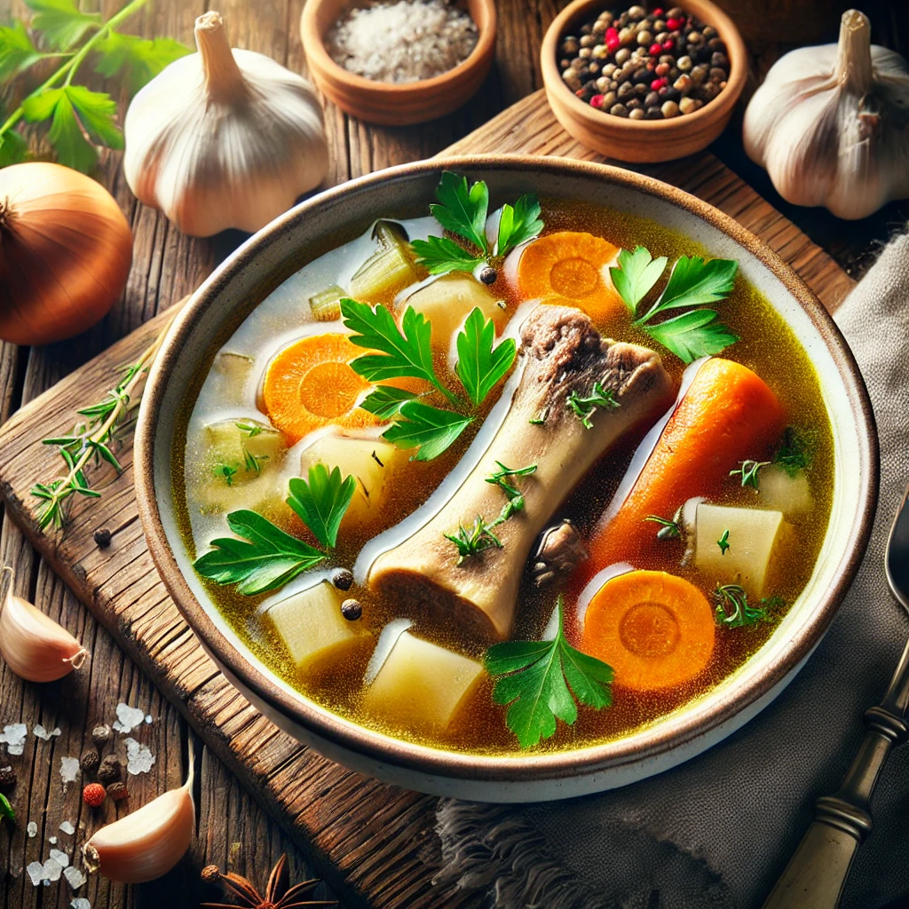 A steaming bowl of beef bone broth soup with marrow bones, carrots, celery, and herbs, set on a rustic wooden table with fresh ingredients like garlic, onions, and peppercorns.