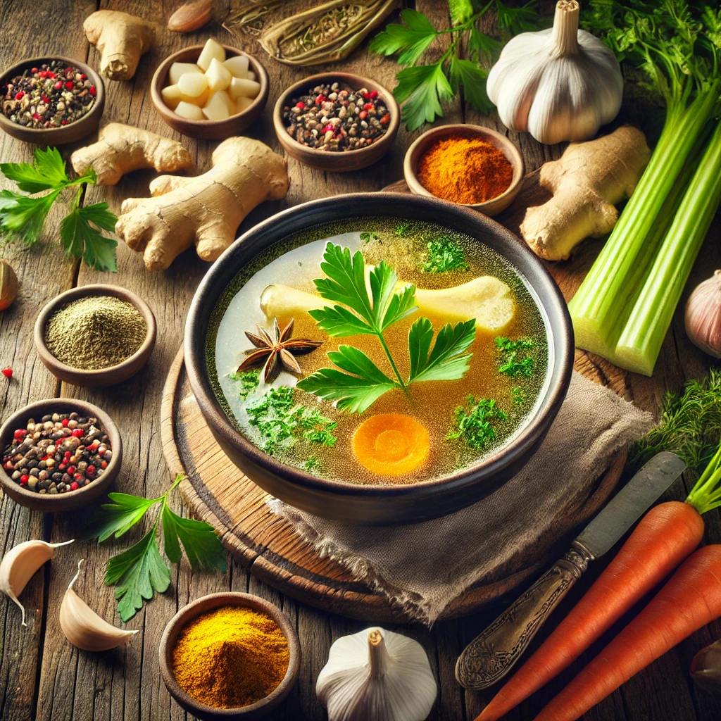 A steaming bowl of golden bone broth garnished with parsley, surrounded by fresh ingredients like garlic, ginger, carrots, celery, herbs, and spices such as turmeric and pepper. The setup is on a rustic wooden table with a cozy ambiance.