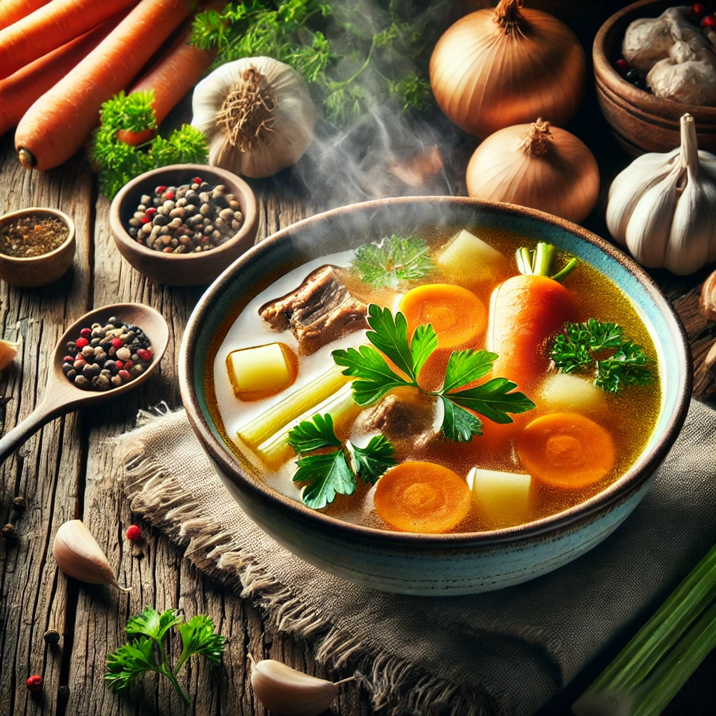 A steaming bowl of golden-brown soup made with beef bone broth, featuring carrots, celery, and parsley. The bowl is set on a rustic wooden table surrounded by fresh ingredients like beef bones, garlic, onions, and herbs.