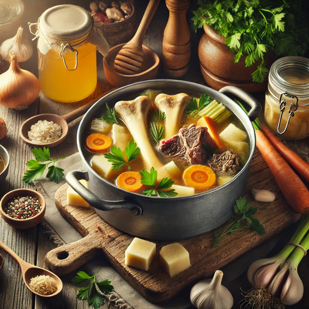 A steaming pot of golden beef bone broth on a rustic wooden table, filled with marrow bones, carrots, celery, and garnished with parsley. Nearby are a jar of frozen broth cubes, a bowl of soup, and fresh ingredients like garlic, onions, and herbs.