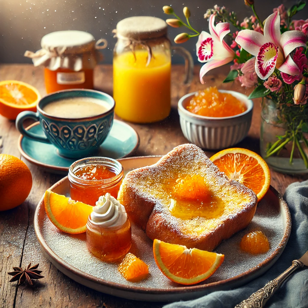 A delicious plate of stuffed brioche French toast topped with orange marmalade, powdered sugar, and fresh orange slices, set on a rustic wooden table with a cozy breakfast ambiance.