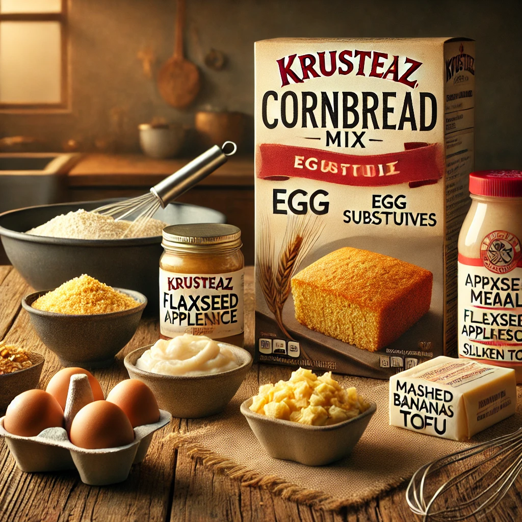 A kitchen countertop displaying Krusteaz cornbread mix alongside various egg substitutes, including flaxseed meal, applesauce, mashed bananas, and silken tofu, with a mixing bowl and whisk in the background.