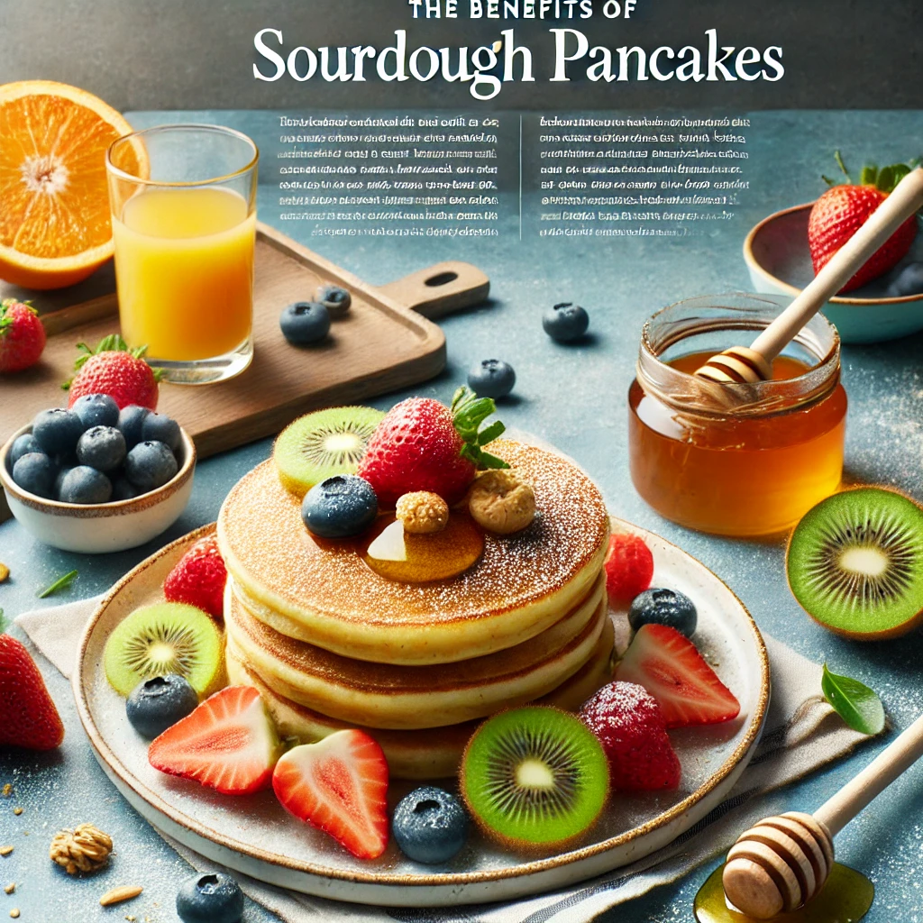 Sourdough pancakes on a white plate, served with fresh fruits like strawberries, blueberries, and kiwi slices, alongside a jar of honey and orange juice to emphasize their nutritious benefits.