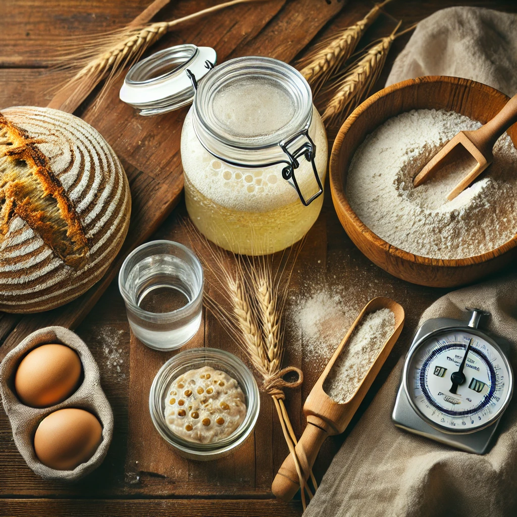 A flat-lay of sourdough essentials, including a jar of bubbling starter, flour, water, a measuring scale, and a dough scraper on a rustic wooden surface.