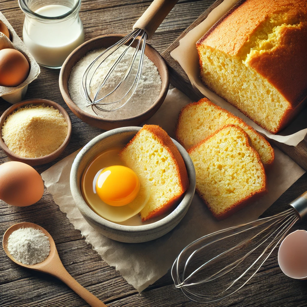 A flat lay showcasing the role of eggs in cornbread, featuring a cracked egg in a bowl, a whisk, baking powder, and a freshly baked cornbread loaf with a fluffy texture, surrounded by cornmeal and other