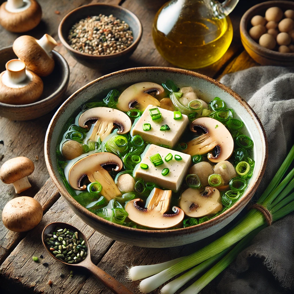 A rustic presentation of tofu mushroom green onion soup with tofu cubes, mushrooms, and green onion garnish surrounded by fresh ingredients.