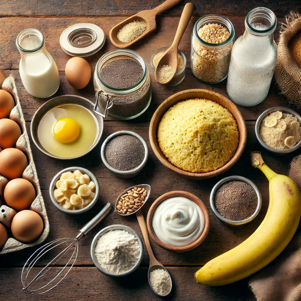 A flat lay of top egg substitutes for cornbread, featuring flaxseed meal, chia seeds, mashed banana, applesauce, yogurt, carbonated water, and baking powder, arranged on a rustic wooden table with cornbread ingredients.