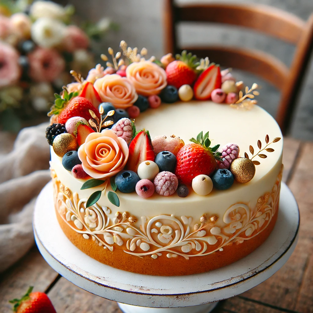 A decorative cheesecake with a creamy surface, topped with fresh fruits, edible gold flakes, and caramel drizzle, displayed on a white cake stand.