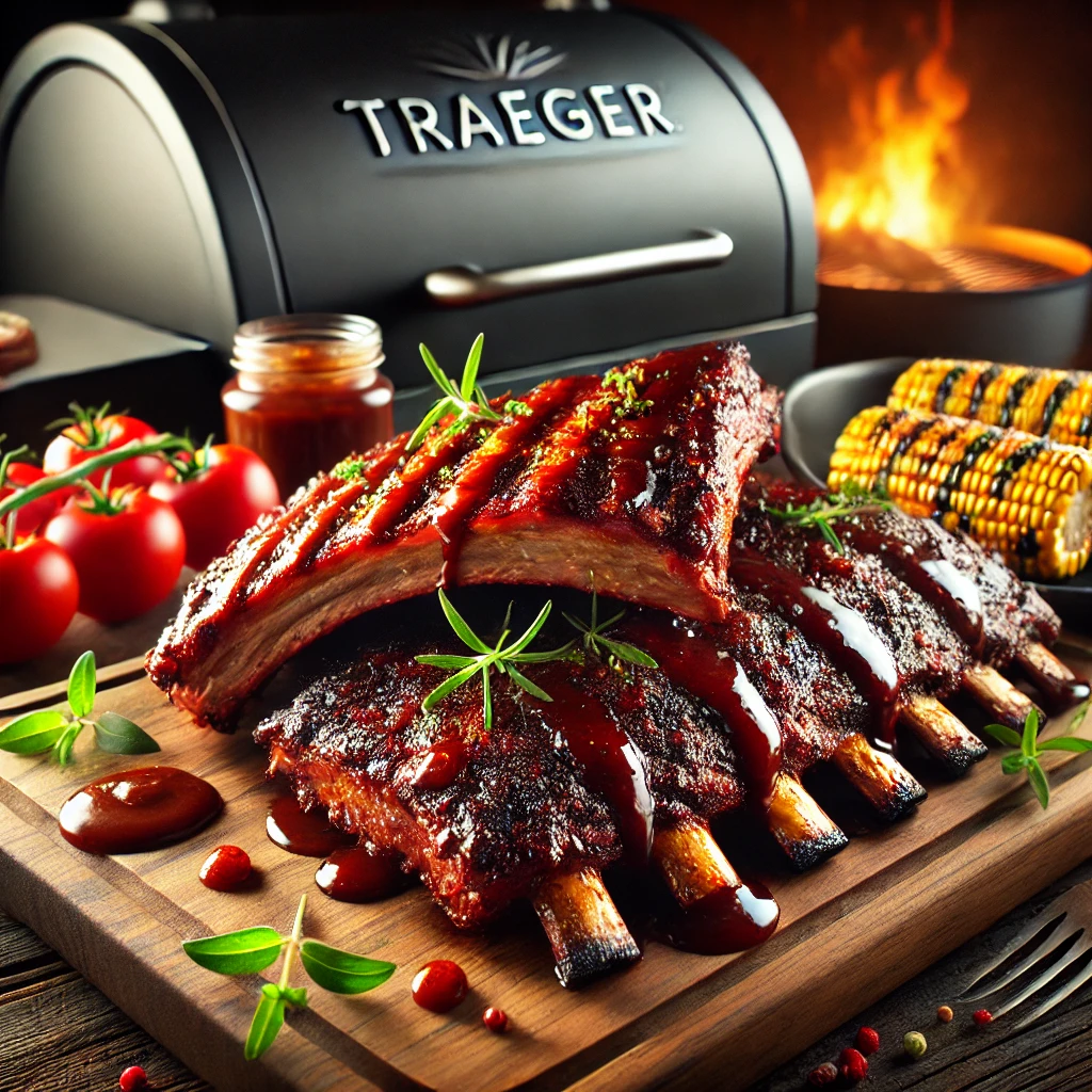 Traeger-smoked ribs glazed with barbecue sauce, displayed on a wooden cutting board with grilled vegetables and a Traeger grill in the background.