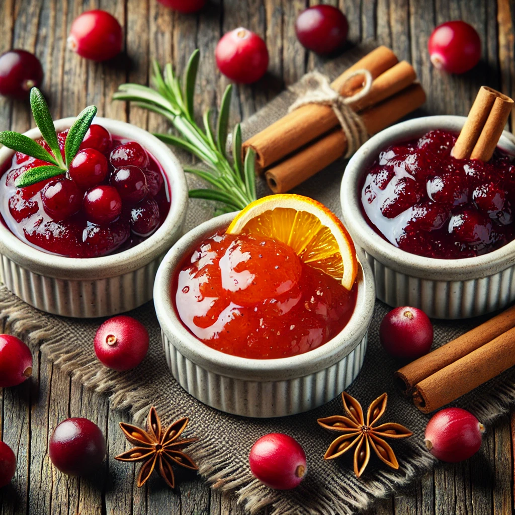 Three bowls of cranberry sauce in classic, citrus, and spiced variations.