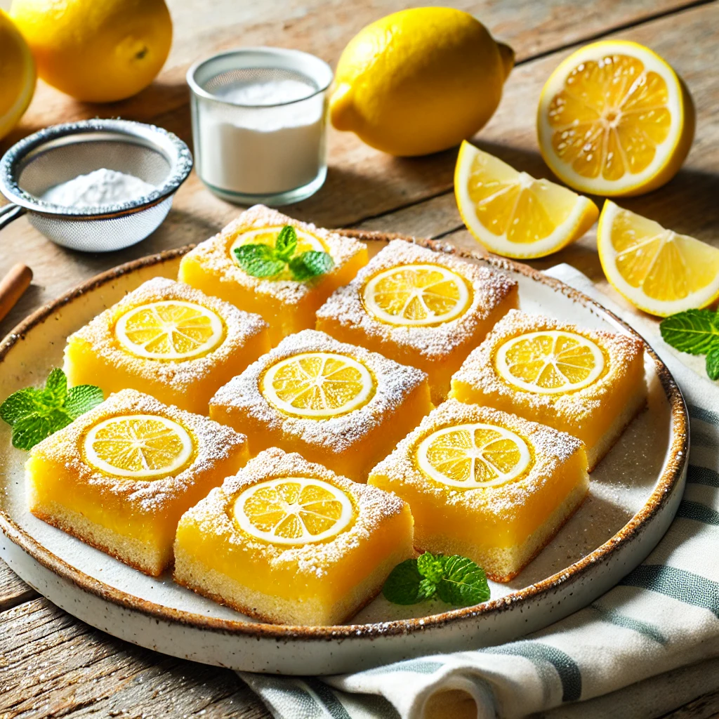 A plate of golden sourdough lemon bars with a vibrant yellow filling, dusted with powdered sugar, surrounded by fresh lemon slices and a sprig of mint on a rustic wooden table.