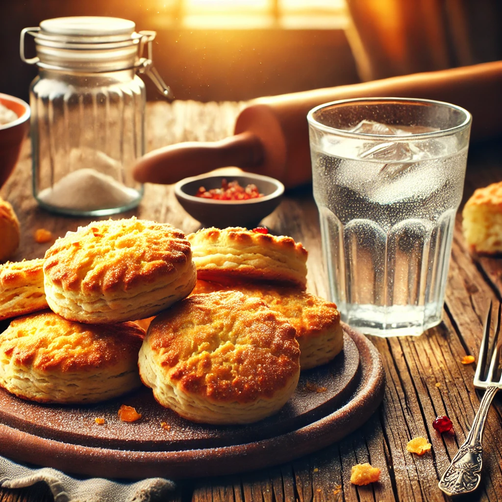 Golden flaky biscuits on a rustic wooden table with a glass of water, emphasizing water as a substitute for milk.