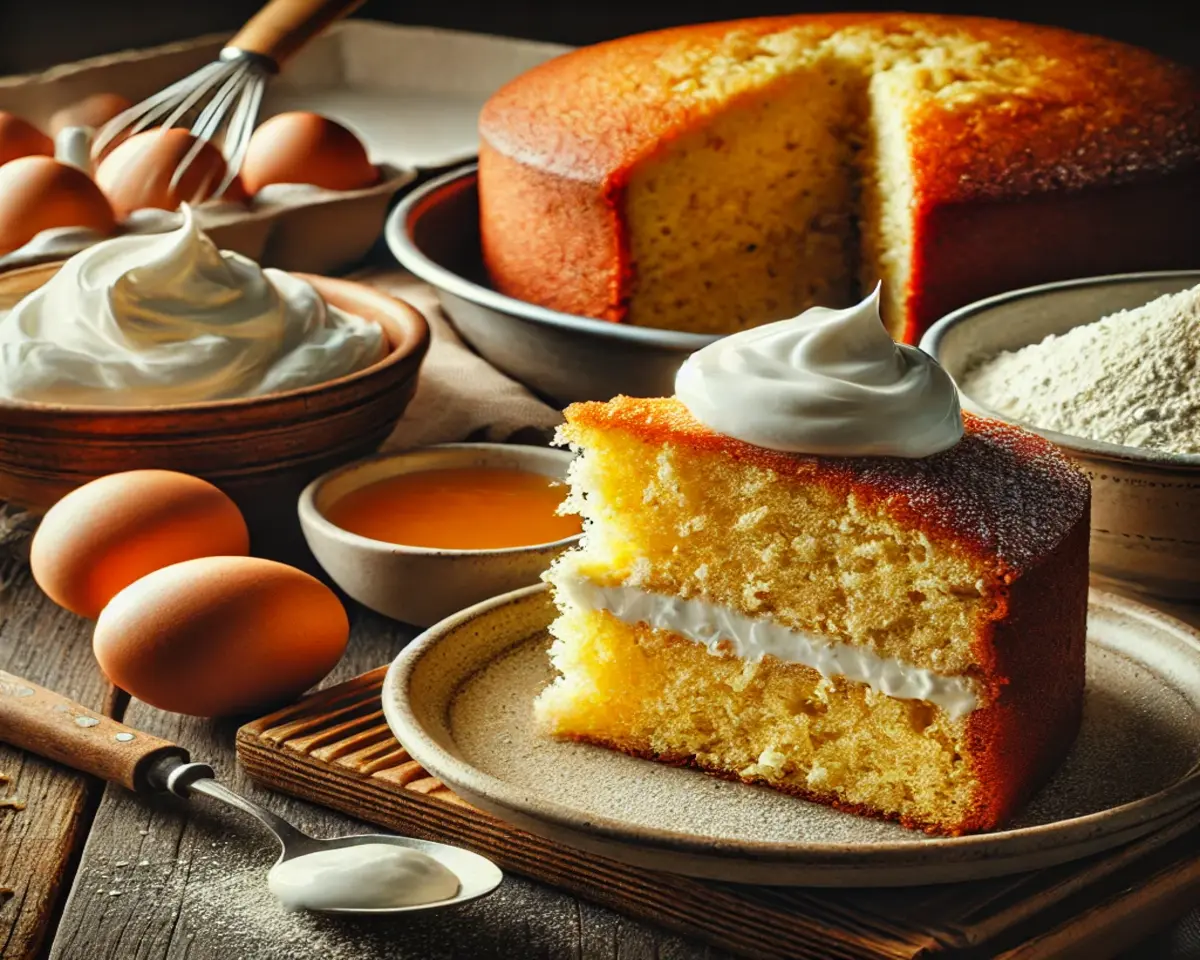 A slice of moist, fluffy cake on a plate, with a bowl of cake batter being mixed with sour cream, surrounded by baking ingredients on a rustic table.