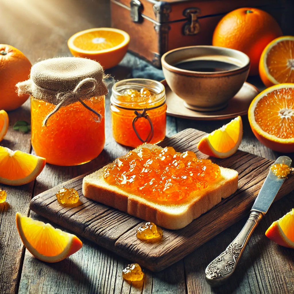 A slice of toast spread with vibrant orange marmalade, accompanied by a jar of marmalade, fresh orange slices, and a steaming cup of coffee on a rustic wooden table bathed in natural light.