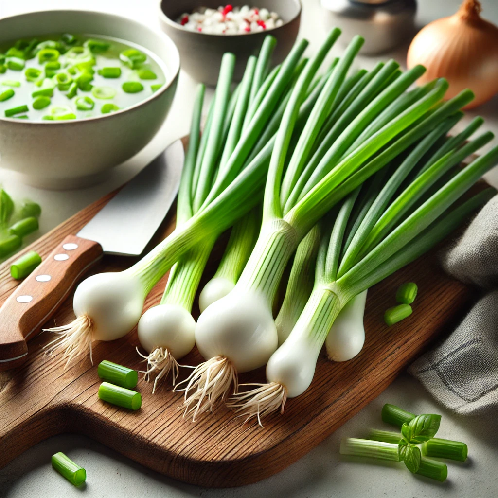 Fresh green onions on a wooden cutting board, with both white bulbs and green tops visible, alongside a knife and a bowl of soup garnished with green onions.