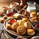 A rustic wooden platter with different types of milk-free biscuits, including plain, savory herb, and sweet cinnamon, surrounded by bowls of vegan butter, jam, and honey.