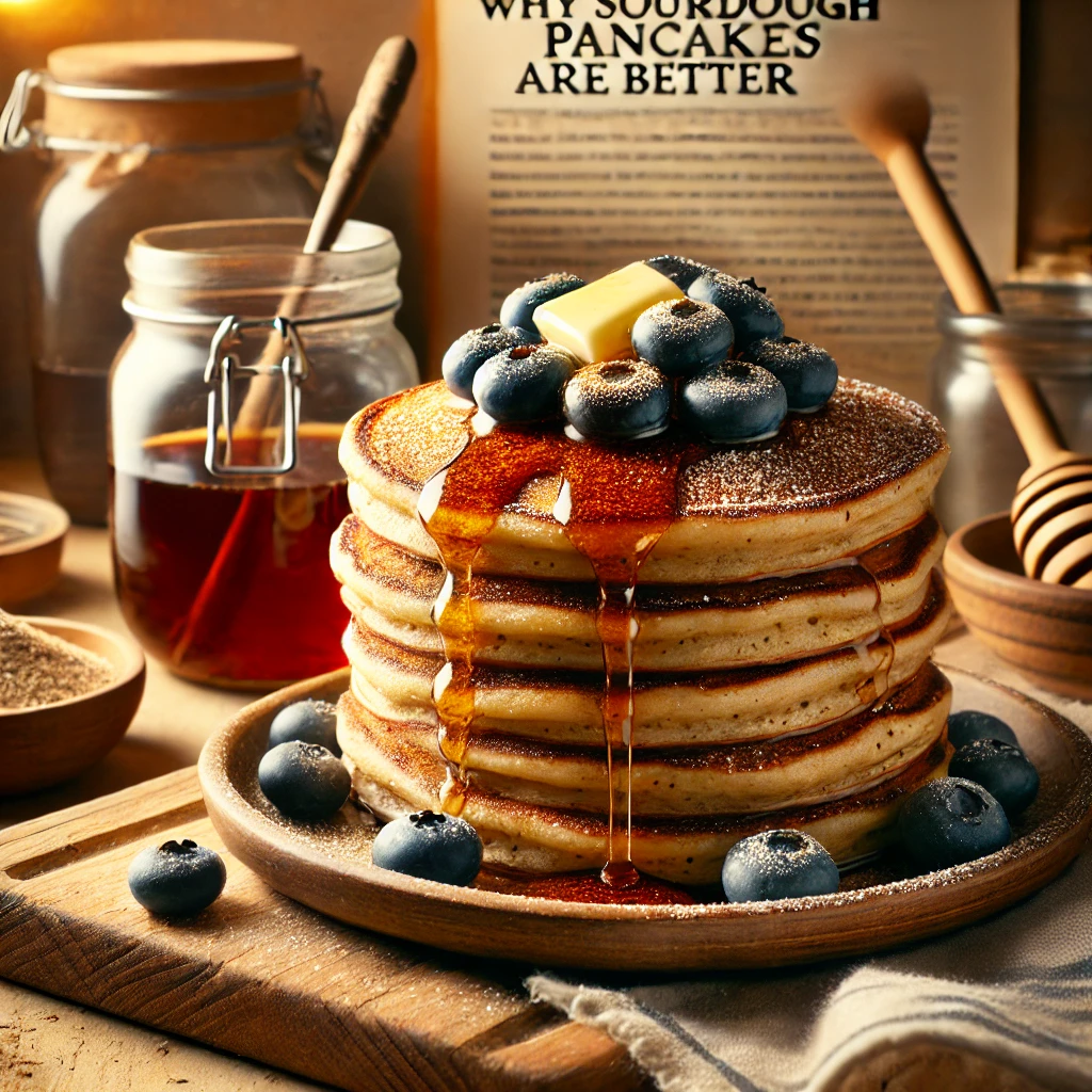 A stack of golden-brown sourdough pancakes topped with blueberries, maple syrup, and melting butter on a rustic wooden plate in a cozy kitchen setting.