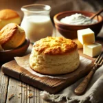 Freshly baked golden buttermilk biscuits on a rustic wooden table with a bowl of buttermilk and a stick of butter.