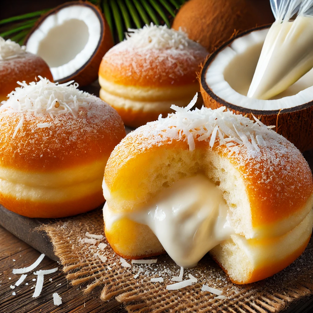 Fluffy, golden-brown coconut cream-filled donuts dusted with powdered sugar and shredded coconut, with one donut sliced open to reveal its creamy filling.