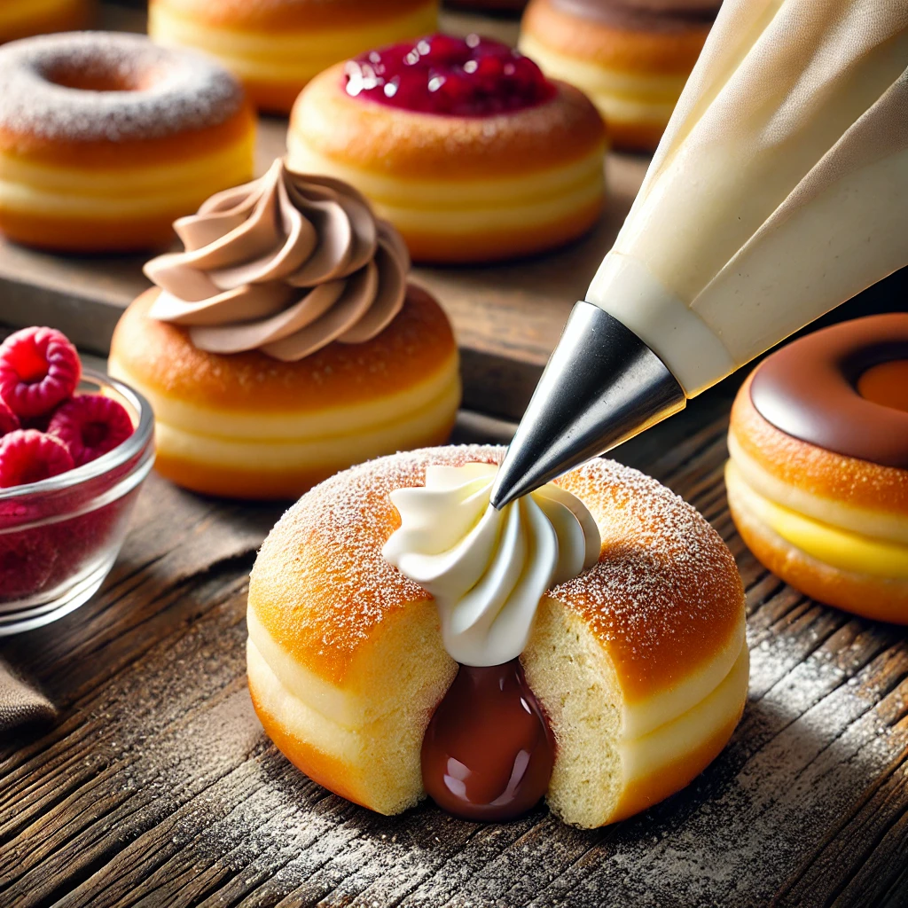 Golden-brown donuts filled with custard, chocolate, and raspberry jam, with one donut cut open to reveal its smooth filling. A piping bag is injecting filling into another donut.